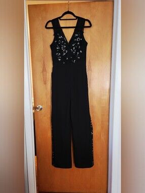 NWT Bebe Sequin Floral Tuxedo Jumpsuit Black Evening Gala Size 6 Fits Small
